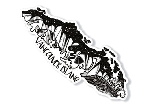 Vancouver Island Sticker featuring original black and white illustration, made in Canada, durable vinyl outdoor sticker.