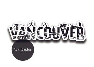 Vancouver Sticker featuring outdoor scenes, a black and white original illustration, made in Canada, 4.5 x 1.5 inches.