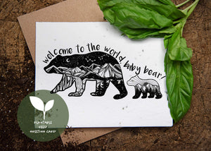 Welcome to the World, Baby Bear; Plantable Seed Greeting Card with black and white illustration and basil leaves.