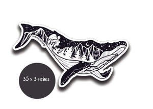 Whale Sticker featuring original illustration in black and white, glossy vinyl, made in Canada, for outdoor use.