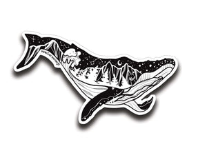 Whale Sticker featuring an original black and white illustration, made in Canada, eco-friendly vinyl outdoor sticker.