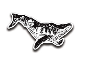 Whale Sticker featuring an original black and white illustration, made in Canada, eco-friendly vinyl outdoor sticker.