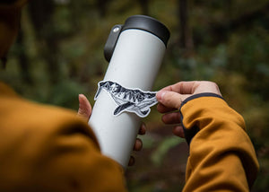 Person applying a Whale Sticker to a stainless steel tumbler in a natural outdoor setting.