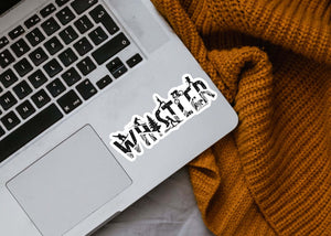 Whistler Sticker on laptop, black and white outdoor sticker featuring original illustration, waterproof and scratch-resistant.