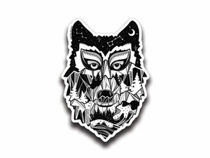 Wolf Head Sticker - black and white outdoor vinyl sticker with original illustration, made in Canada by Canadian artist.