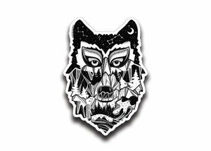 Wolf Head Sticker - black and white outdoor vinyl sticker with original illustration, made in Canada by Canadian artist.