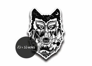 Wolf Head Sticker featuring original black and white illustration, glossy vinyl, 2.5 x 3.5 inches, made in Canada.