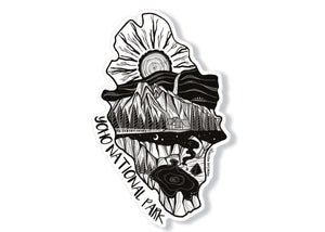 Yoho National Park Sticker featuring black and white original illustration on a glossy vinyl finish.