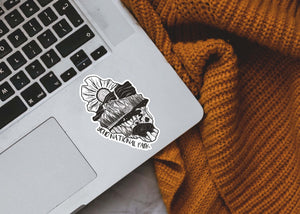 Yoho National Park Sticker on a laptop, showcasing an original illustration in black and white, designed by a Canadian artist.