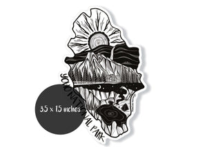 Yoho National Park Sticker featuring black and white original illustration, 3.5 x 1.5 inches, made in Canada.