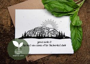You've Made It! Plantable Seed Greeting Card featuring original black and white illustration with mountains and sun.