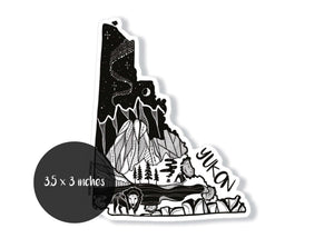 Yukon Sticker featuring black and white original illustration of nature, 3.5 x 3 inches, made in Canada.