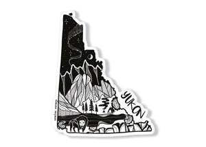 Yukon Sticker featuring black and white original illustration of Yukon landscape and wildlife, made in Canada.